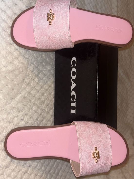 Coach Shoes - Coach Pink Slide Sandals with Gold Logo Accent